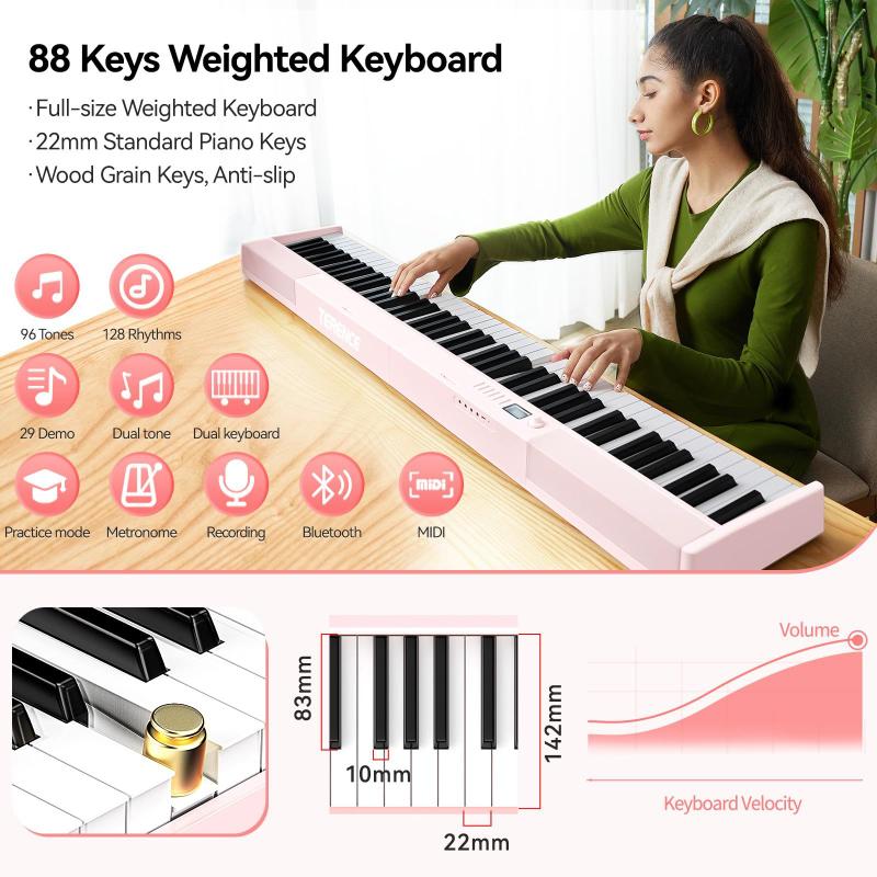 Piano digital TERENCE V30, 88 teclas, teclado pesado, rosa